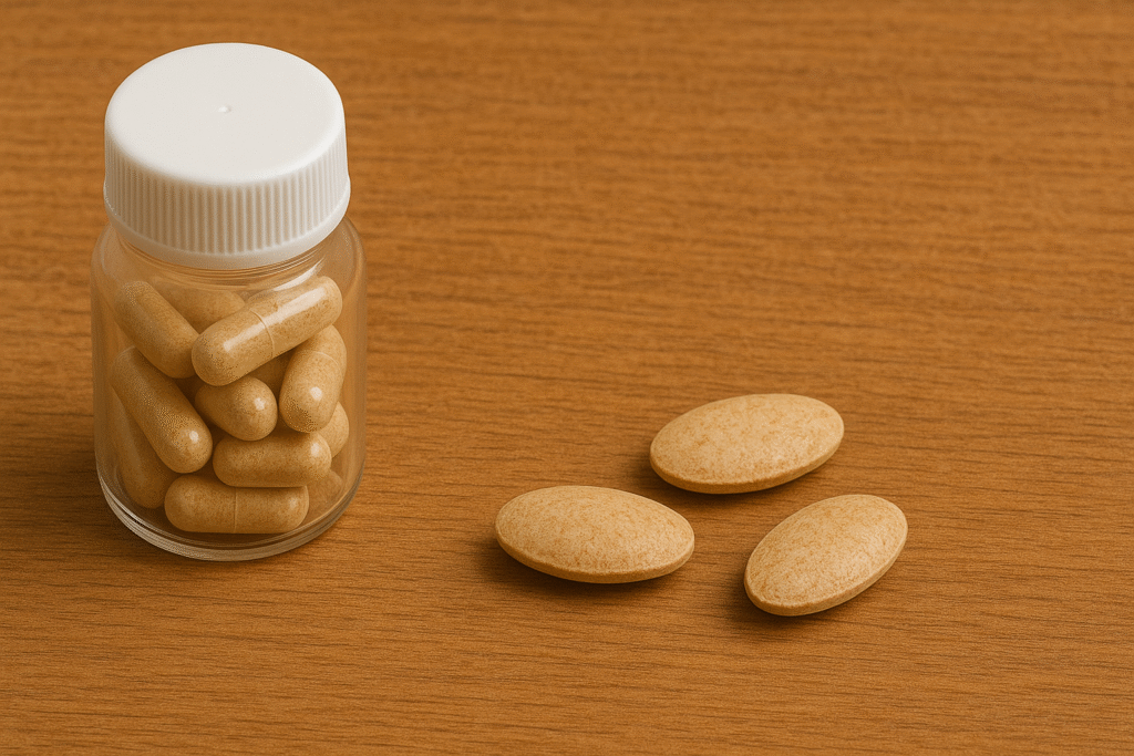 Cápsulas de sucupira sobre uma mesa de madeira e em um frasco de vidro.