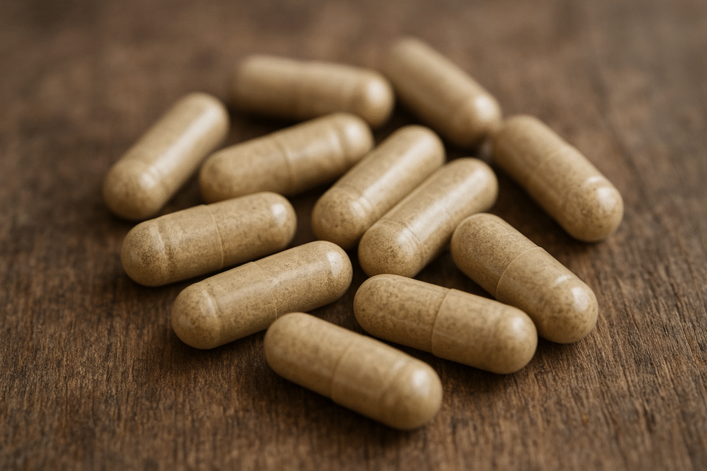 Sobre a mesa algumas cápsulas de quebra pedra na cor bege.