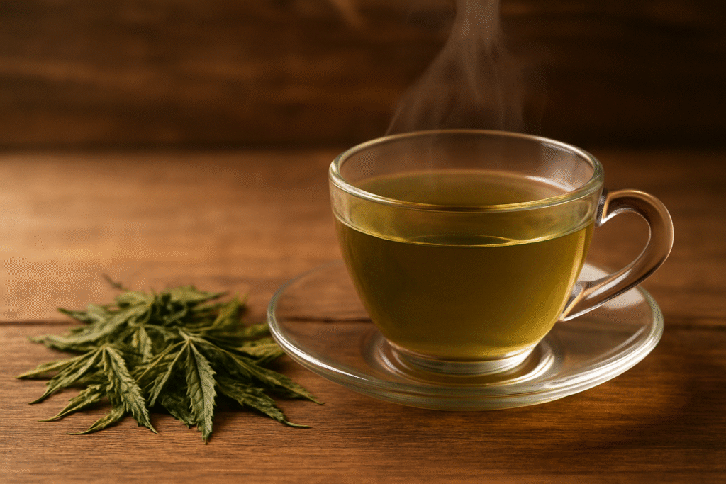 Sobre uma mesa de madeira algumas folhas de cannabis e uma xícara de vidro com chá dentro.