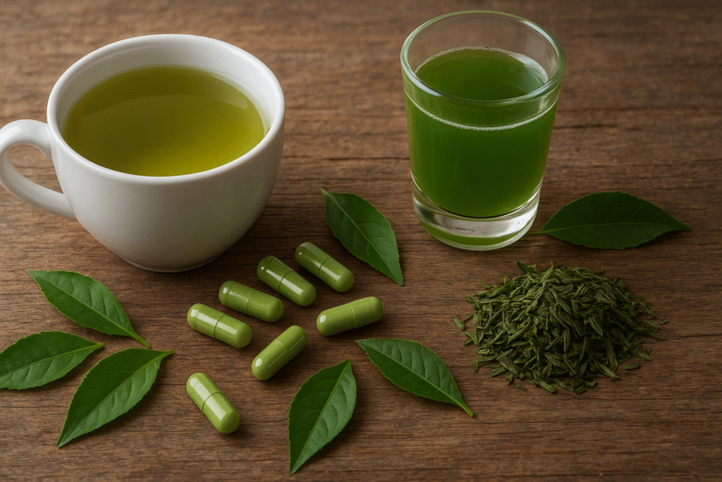 Sobre a mesa algumas folhas verdes e secas de chá verde, uma xícara de porcelana com chá e um copo com suco de chá verde.