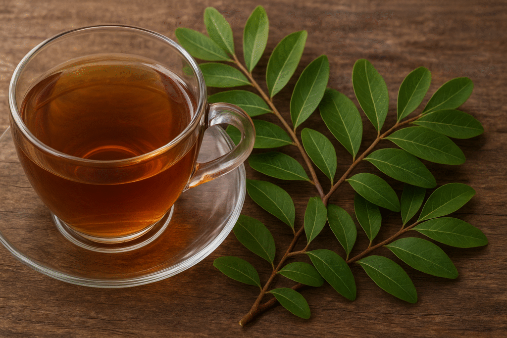 Em uma mesa de madeira uma xícara de vidro com chá e ao lado um galho de aroeira com suas pequenas folhas verdes.