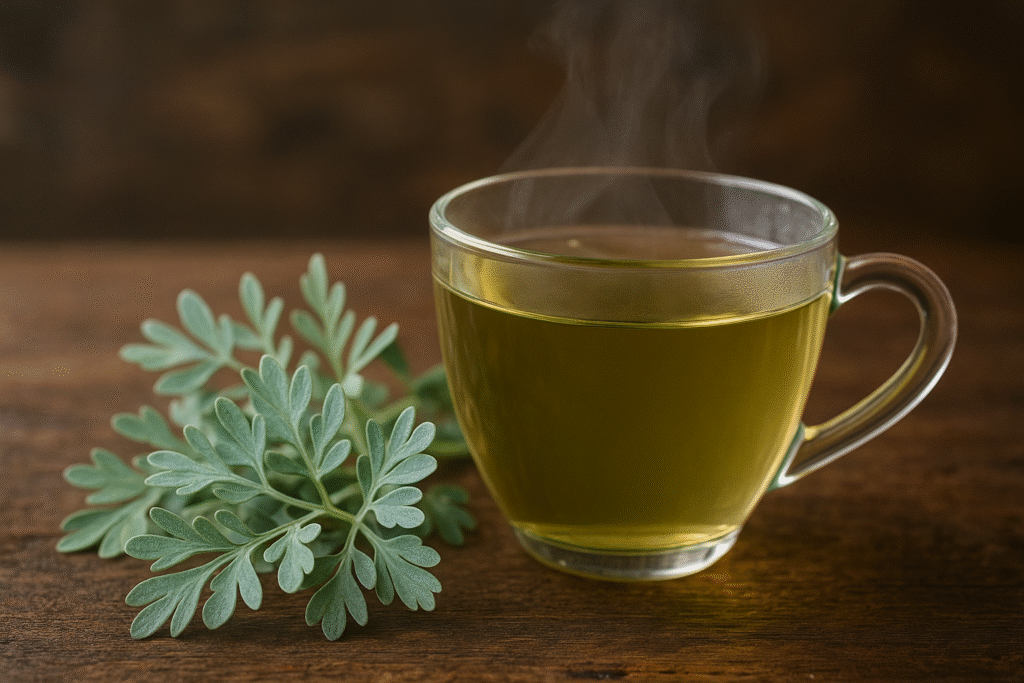 Sobre uma mesa algumas folhas de arruda do lado de uma xícara transparente com seu chá.