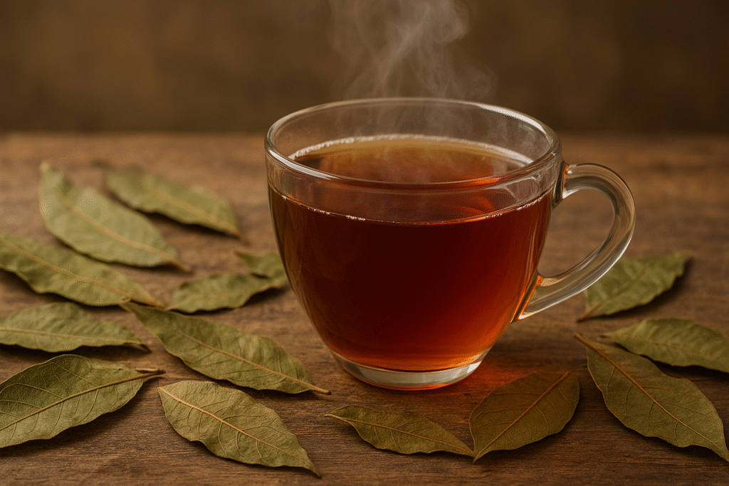 Sobre uma mesa uma xícara de vidro com chá fumegante de canela de velho, ao lado de algumas folhas secas.