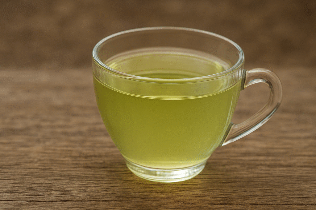 Sobre uma mesa de madeira uma xícara de vidro com chá na cor verde claro, ilustrando o chá de cânfora.