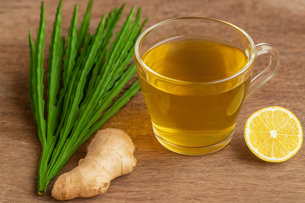 Sobre a mesa algumas folhas de carqueja, um pedaço de gengibre e metade de um limão do lado de uma xícara de destes produtos.
