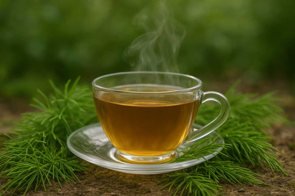 Em um ambiente externo uma xícara de vidro com chá fumegante e alguns ramos de cavalinha do lado.