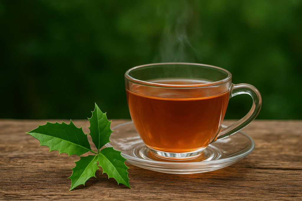 Sobre uma mesa de madeira uma xícara de vidro com chá dentro e do lado algumas folhas verdes de espinheira santa.