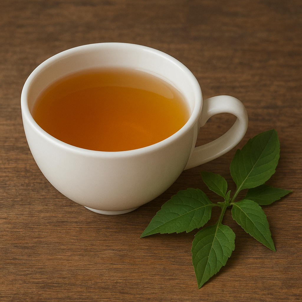 Uma xícara branca de porcelana com já dentro e do lado algumas folhas de Jurubrba.