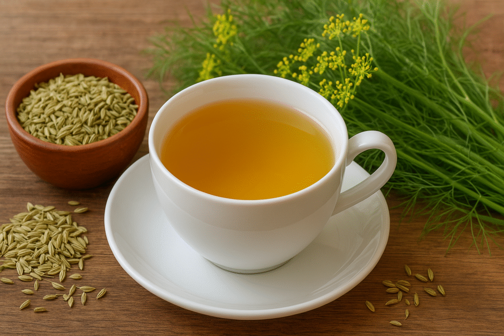 Sobre uma mesa de madeira uma xícara de porcelana com chá dentro e ao lado uns galhos de funcho com flores e um pote de porcelana com sementes de funcho.