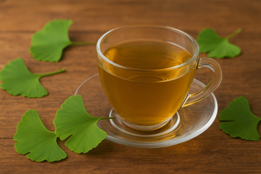 Sobre uma mesa de madeira uma xícara de vidro com chá e do lado várias folhas de ginkgo biloba.