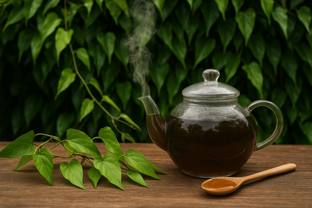 Sobre uma mesa de madeira em um ambiente externo uma jarra de vidro com chá dentro e do lado uma colher de madeira com mel, ao fundo vários cipós com folhas de guaco.