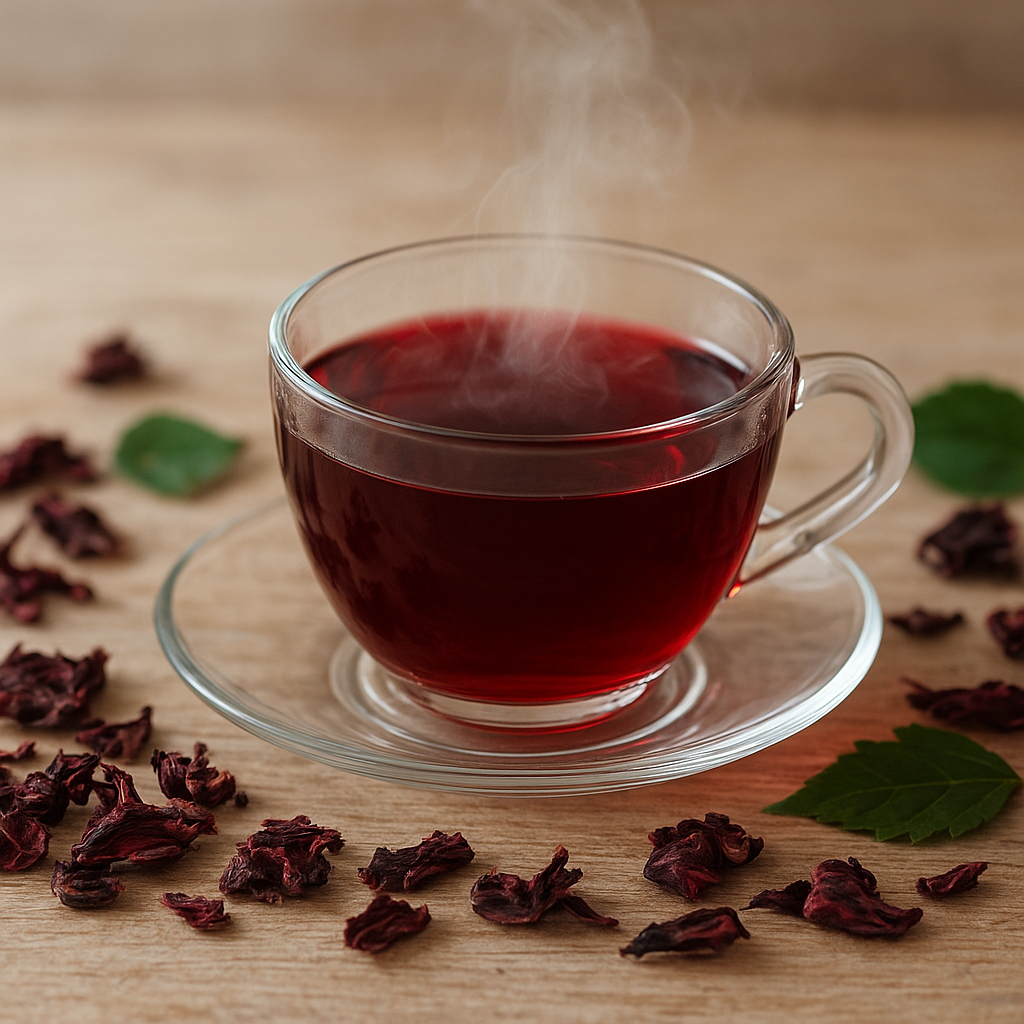 Sobre uma mesa uma xícara de vidro com chá e em cima de um pires, do lado algumas folhas verdes e vários pedaços de flores de hibisco secas.