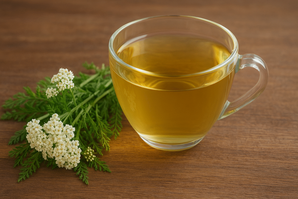 Sobre uma mesa de madeira uma xícara de vidro com chá e ao lado um galho de mil folhas com suas pequenas flores brancas.