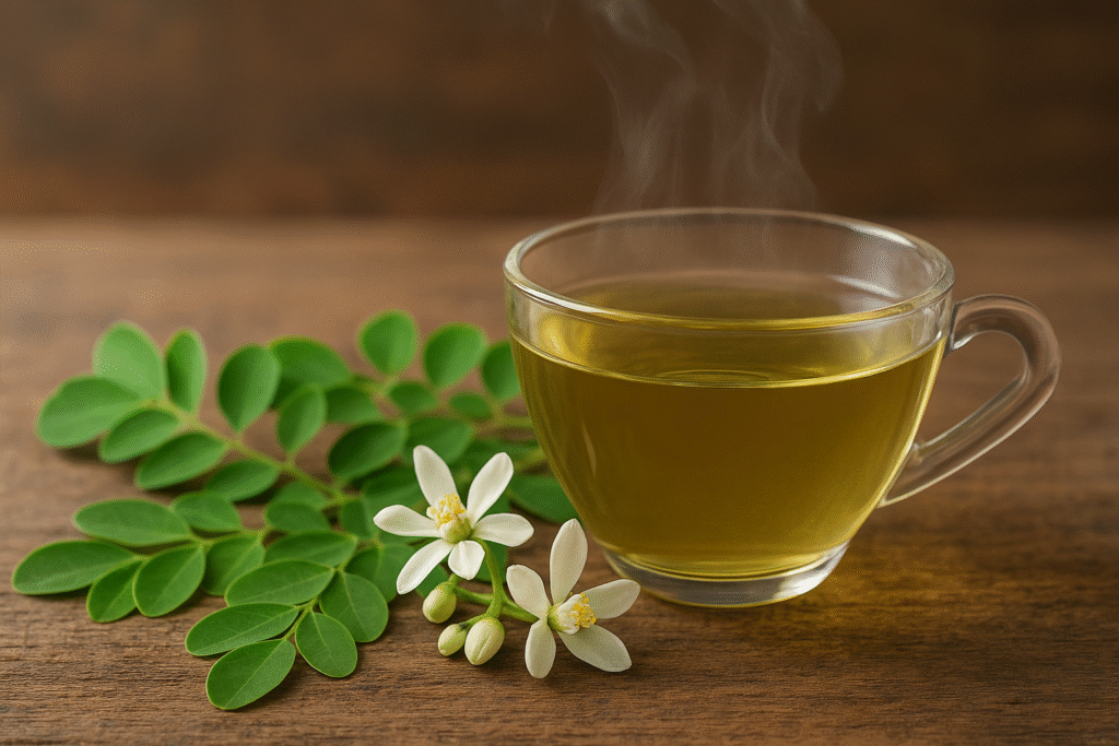 Sobre a mesa algumas folhas de moringa com flores brancas ao lado de uma xícara de vidro cheia de chá fumengante.