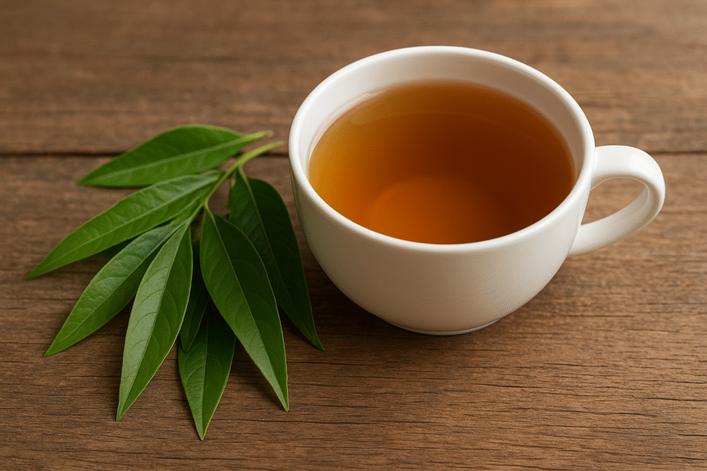 Sobre a mesa algumas folhas de ora pro nobis e uma xícara com seu chá.