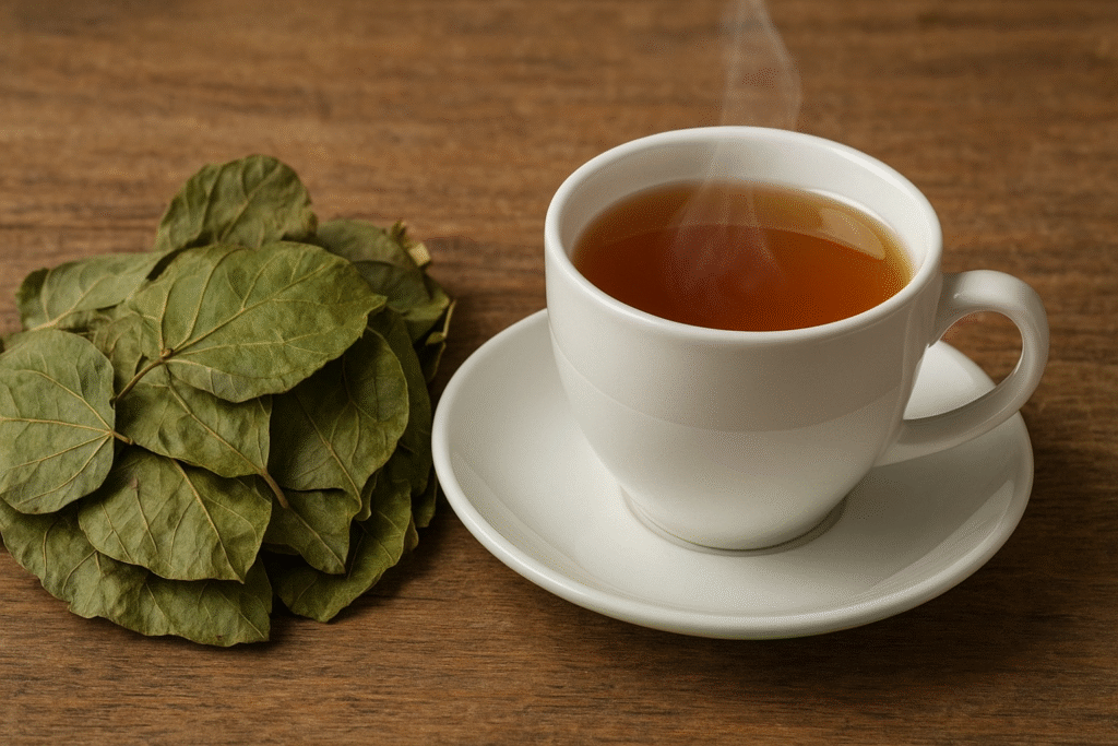 Sobre uma mesa de madeira uma xícara de porcelana com chá fumegante dentro, ao lado algumas folhas secas de pata de vaca.