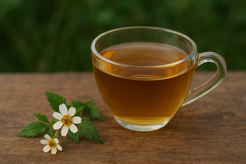 Xícara de chá de picão preto com um ramo de folha e flores frescas de picão preto sobre uma mesa.