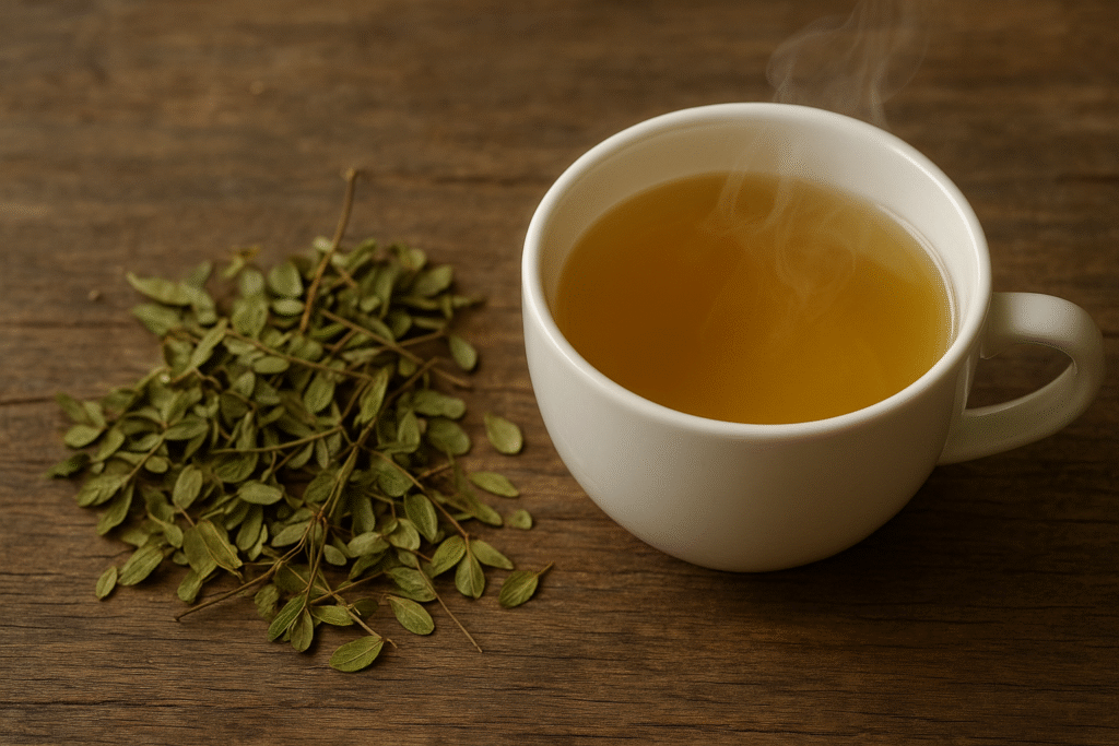 Numa mesa de madeira rústica uma xícara de porcelana com chá dentro e pequenas folhas secas de quebra pedra do lado.