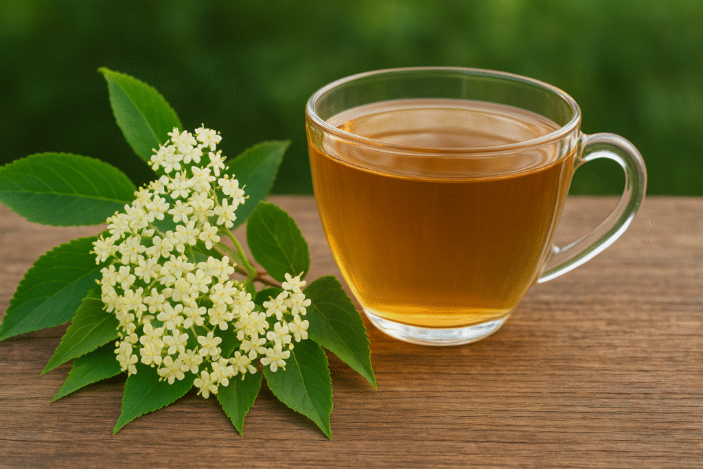 Sobre a mesa uma xícara de vidro com chá de sabugueiro e ao lado um galho de sabugueiro com suas folhas verdes e suas pequenas e inúmeras flores brancas.