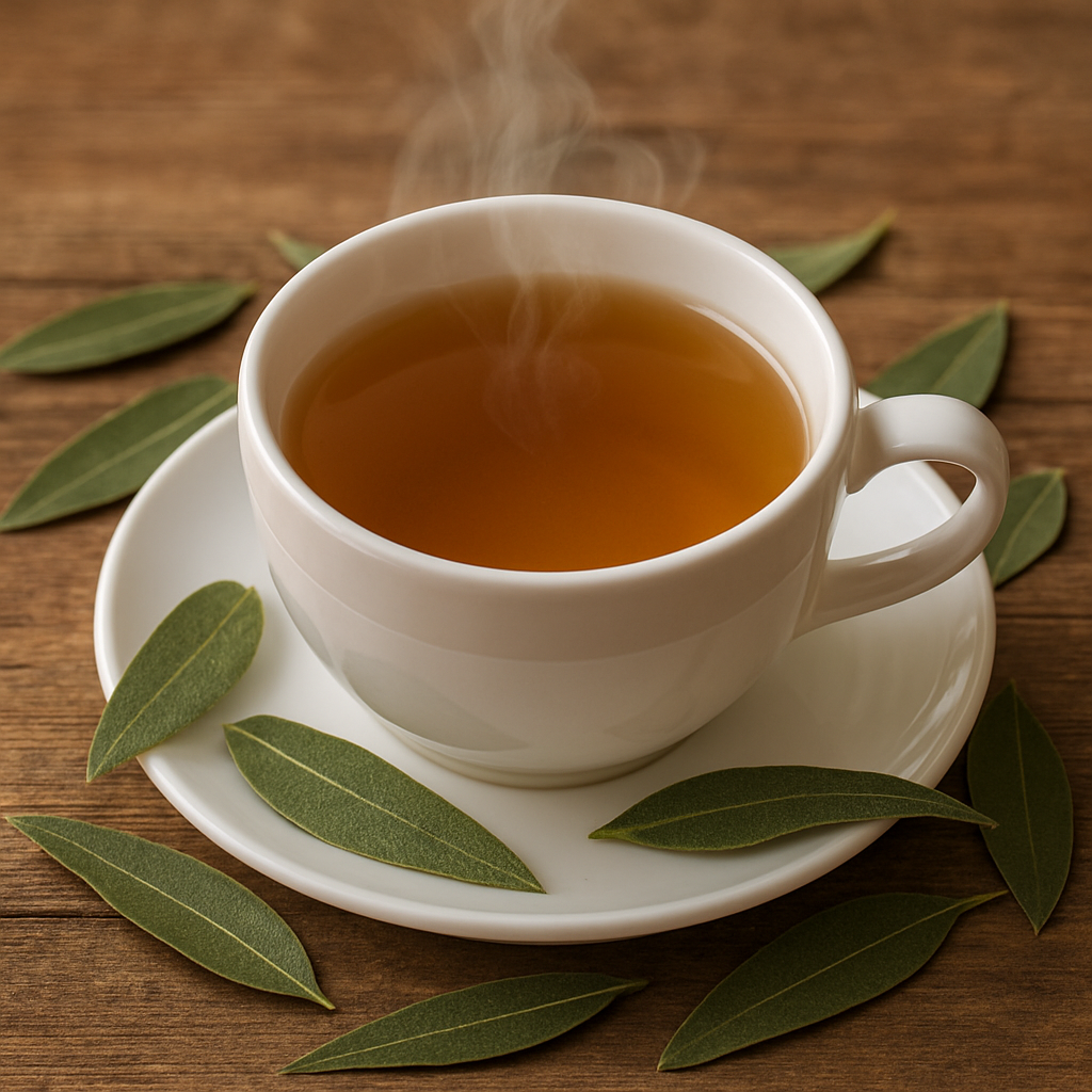 Uma xícara branca de porcelana sobre um pires com algumas folhas de sálvia em volta.