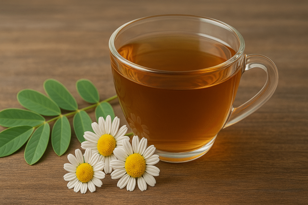 Sobre uma mesa de madeira uma xícara de vidro com chá e ao lado folhas de sene e flores de camomila.