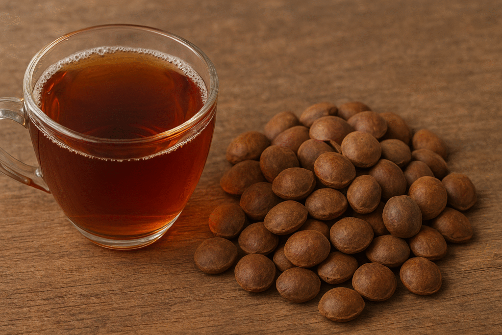 Sobre uma mesa de madeira uma xícara de vidro com chá de sucupira com algumas sementes do lado.