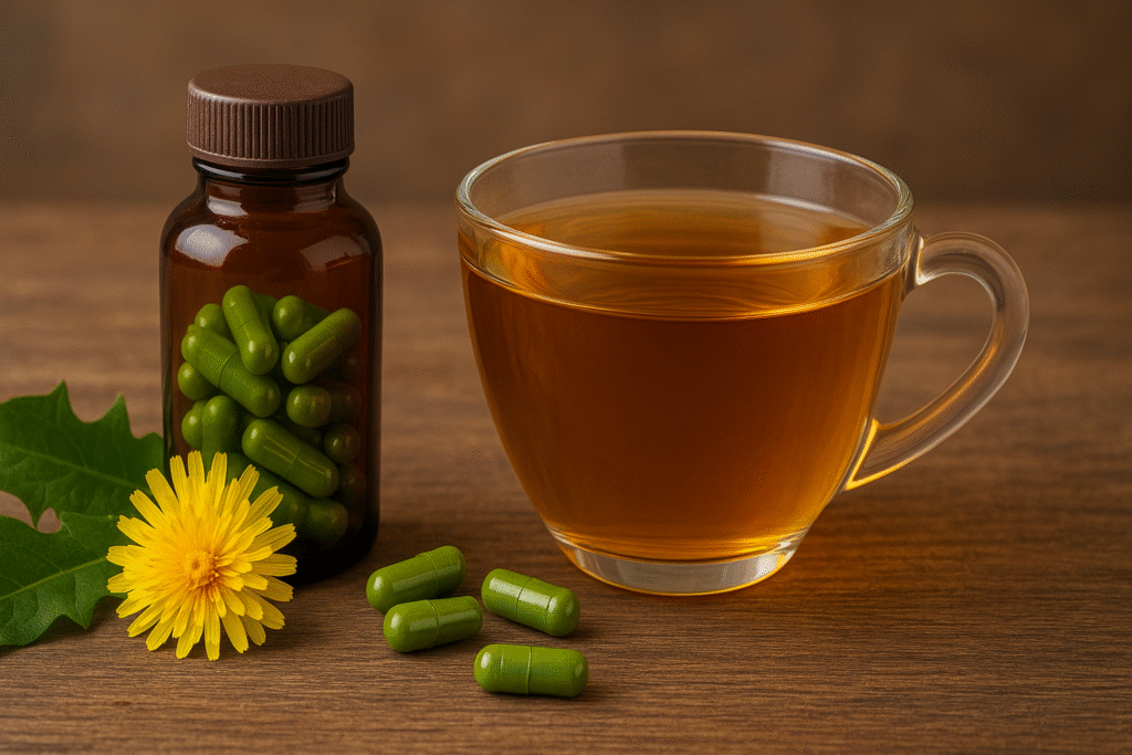 Folhas verdes, uma flor amarela, um frasco com cápsulas e uma xícara de chá de dente de leão.