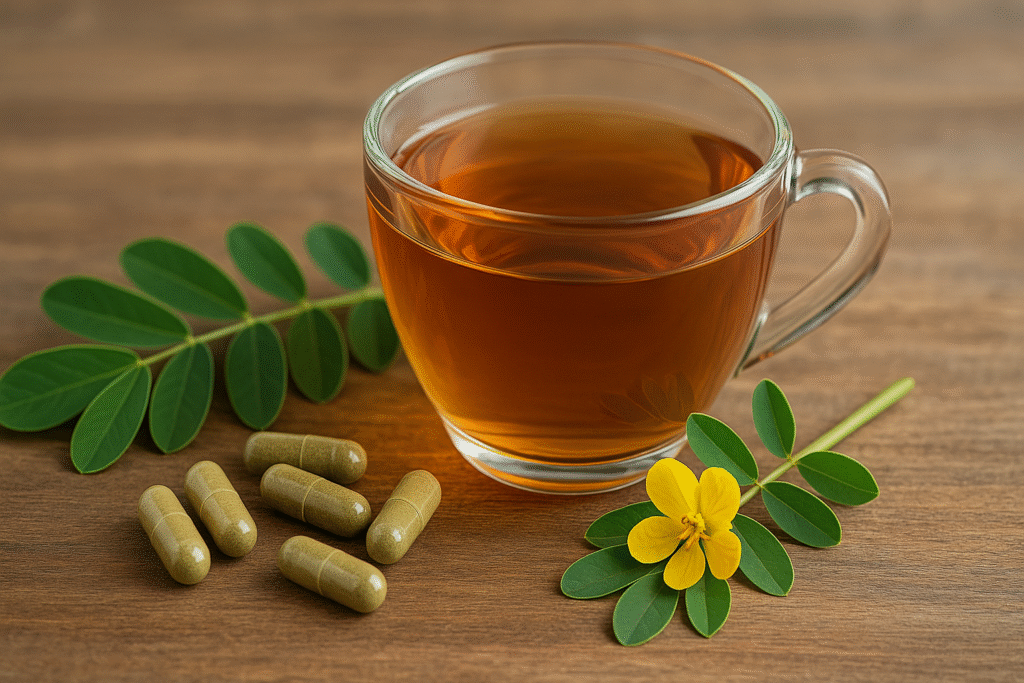 Sobre uma mesa de madeira uma xícara de vidro com chá e ao lado algumas cápsulas e folhas com uma flor de sene.