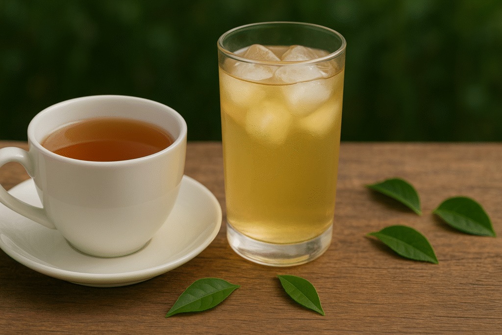 Sobre uma mesa de madeira uma xícara de porcelana com chá e um copo de vidro com chá branco e gelo e ao lado algumas folhas verdes de chá branco.