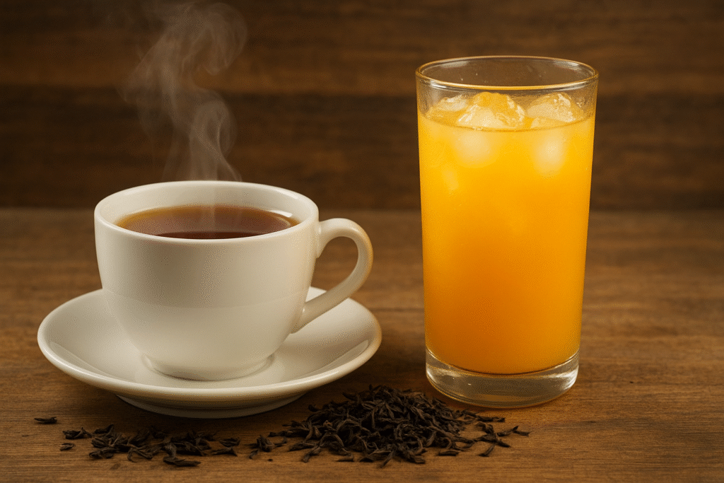 Sobre uma mesa de madeira uma xícara de porcelana com chá e um copo de vidro com suco e gelo e ao lado folhas secas de chá preto.