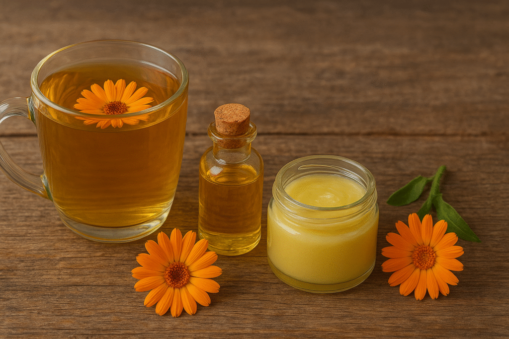 Sobre uma mesa de madeira uma xícara de chá, um frasco com óleo essencial, um pote com pomada e algumas flores de calêndula.
