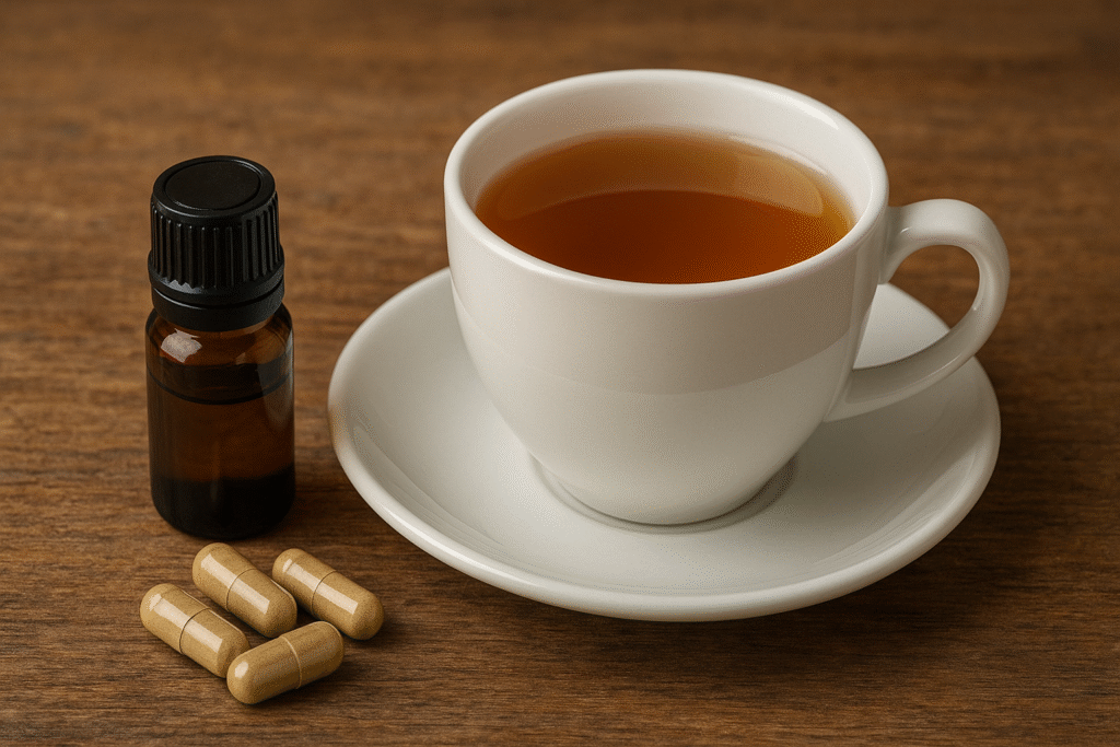 Sobre uma mesa de madeira um frasco de vidro com óleo essencial, algumas cápsulas e uma xícara com chá de pata de vaca.