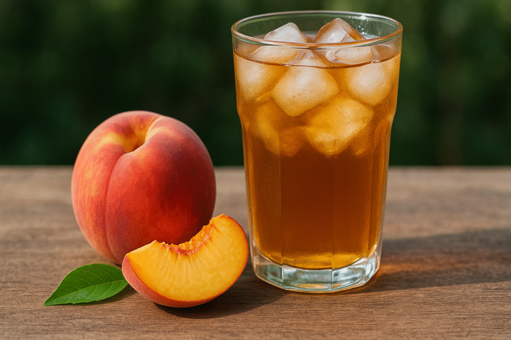 Sobre uma mesa de madeira um copo de vidro com chá oolong gelado e um pêssego do lado.