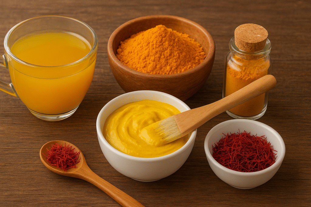 Sobre uma mesa de madeira uma xícara com chá, um pote de porcelana e um frasco de vidro com pó de açafrão, um pote com creme, um pote de porcelana e uma colher de madeira com fios das flores do açafrão. Mostrando assim as formas de uso do açafrão.