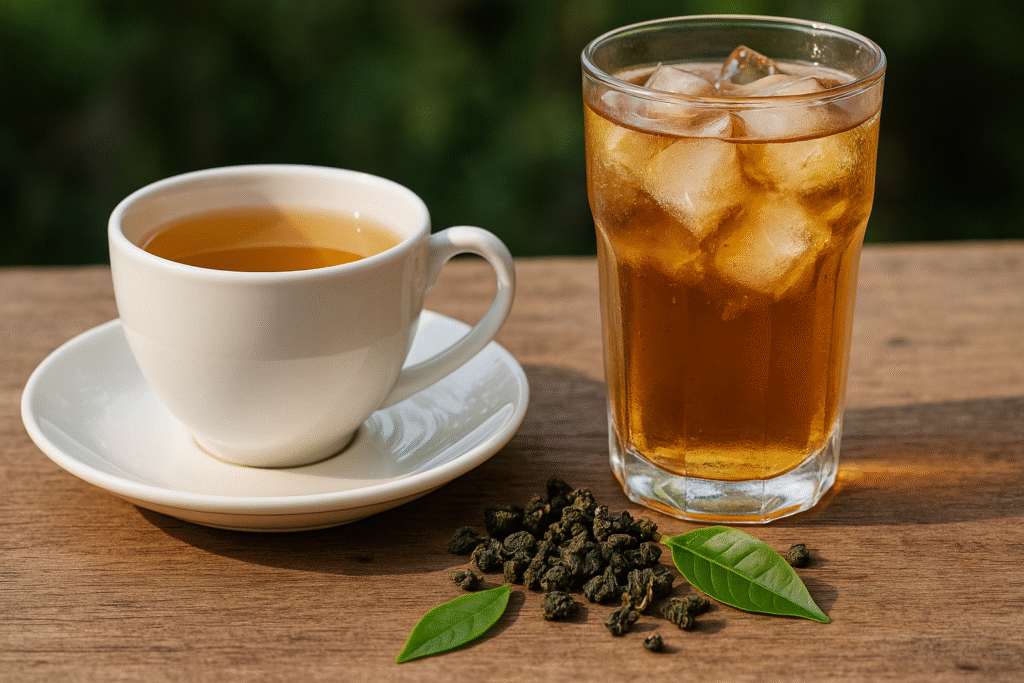 Sobre uma mesa de madeira uma xícara de porcelana com chá e um copo de vidro com gelo e algumas folhas verdes e secas do chá oolong.