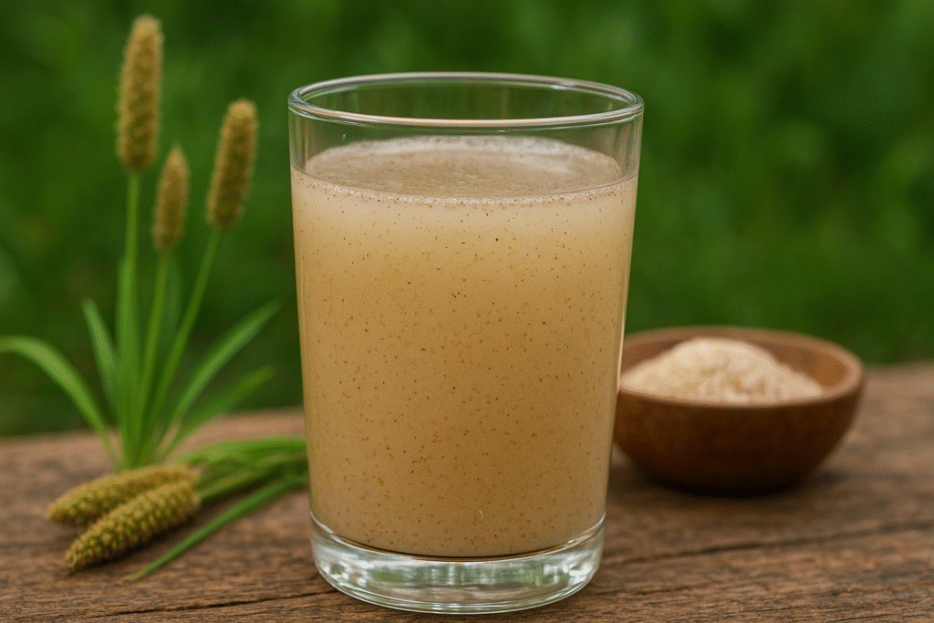 Sobre uma mesa de madeira um copo de vidro com bebida de psyllium, mais ao fundo uma tigela de porcelana com fibras e umas plantas com sementes do psyllium.