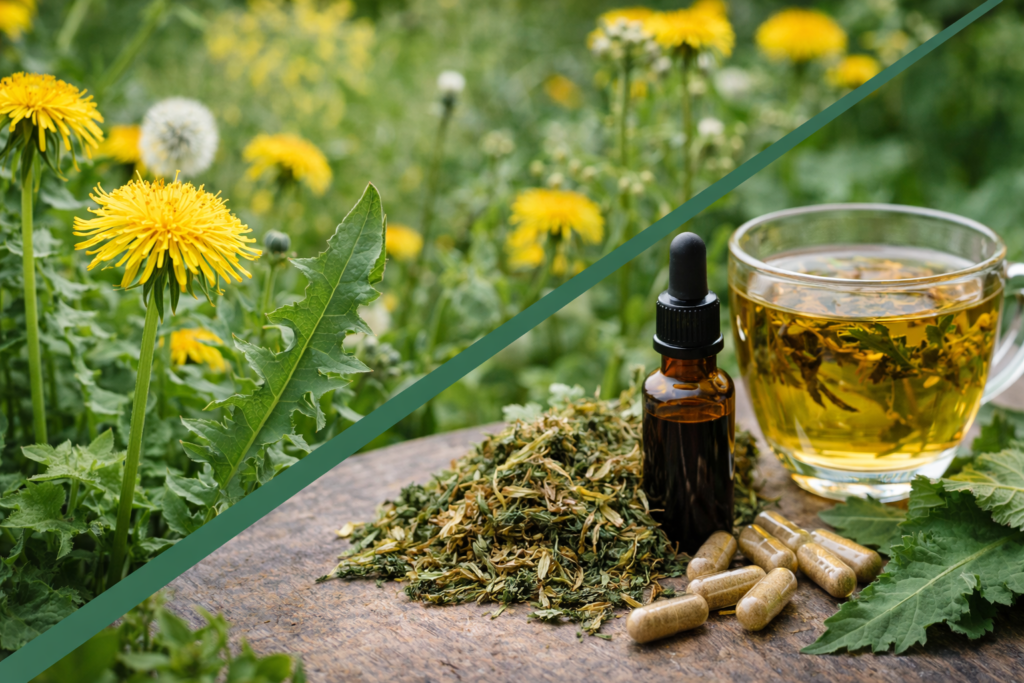 Imagem dividida na diagonal onde na parte superior esquerda estão várias plantas de dente de leão com suas folhas verdes longas e serrilhadas com flores de pétalas estreitas na cor amarela. Na parte inferior direita está o dente de leão e seus benefícios em forma de extrato em um frasco de vidro, em cápsulas e em uma xícara de vidro cheia de chá preparados com folhas verde ou secas de dente de leão.