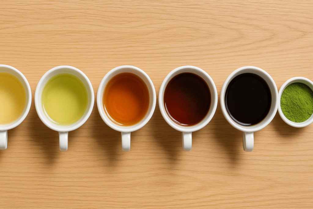 Sobre uma mesa de madeira cinco xícaras de porcelana com chás com cores diferentes, a primeira com chá na cor de tom amarelo escura a segunda amarelo claro a terceira na cor laranja forte a quarta na cor bordo e a quinta na cor preta e por fim um pote com pó verde de matcha. Tudo representaddo a diferença do chá.