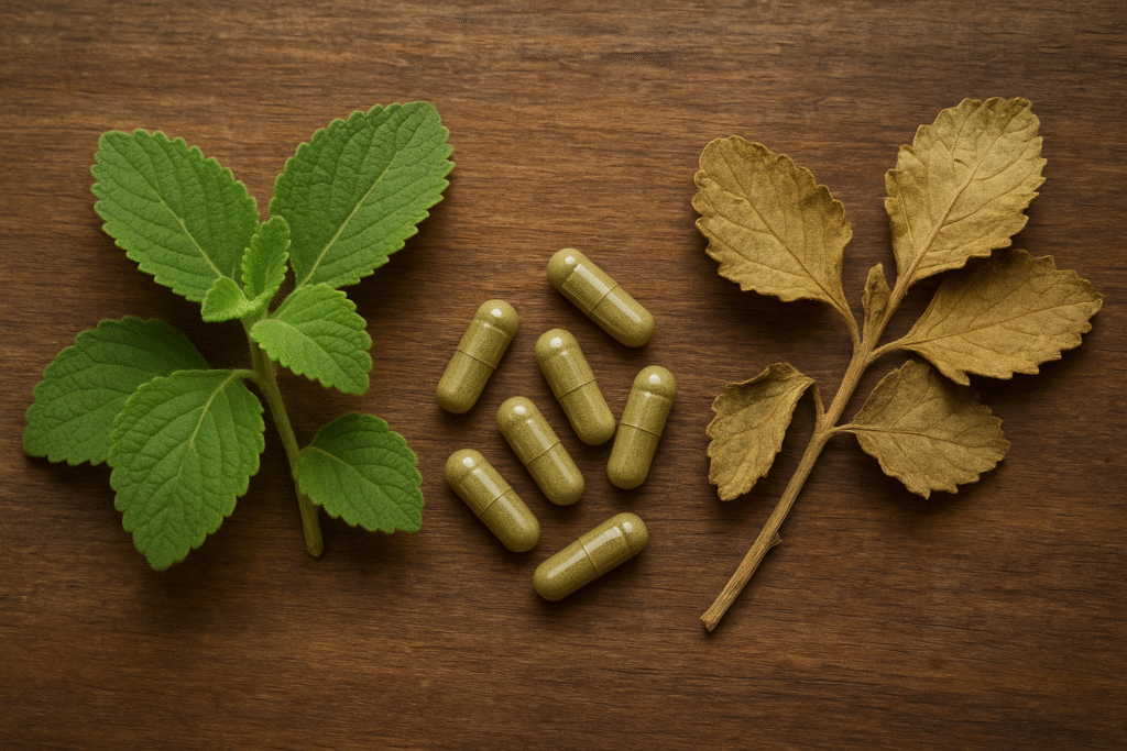 Sobre a mesa folhas verdes, cápsulas e folhas secas de boldo.