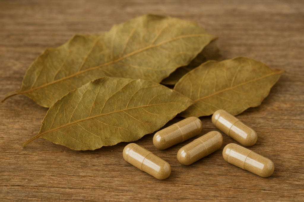 Sobre uma mesa de madeira algumas folhas secas e algumas cápsulas na cor bege de espinheira santa.