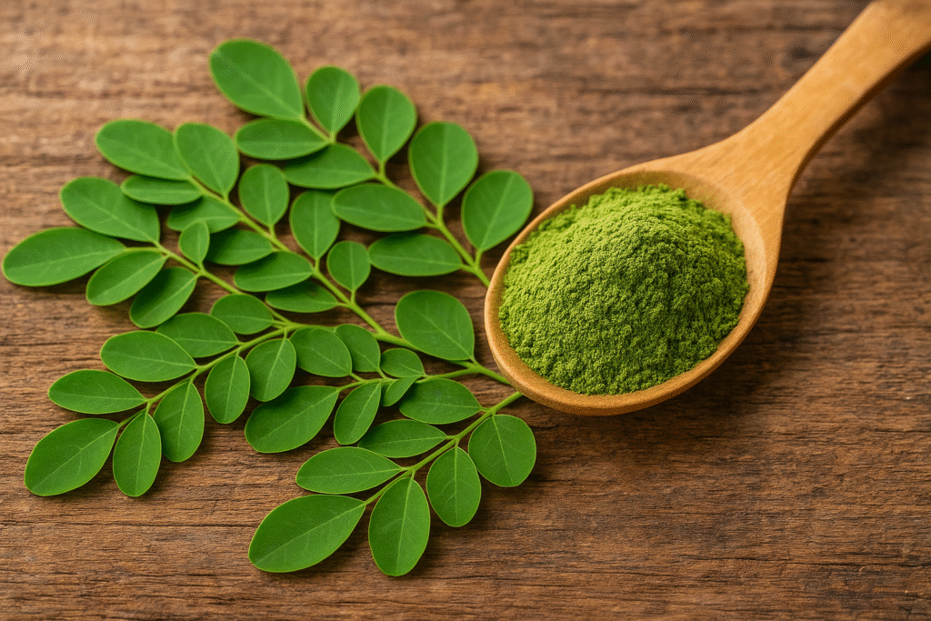 Sobre a mesa algumas pequenas folhas de moringa ao lado de uma colher de madeira cheia de pó verde de moringa.