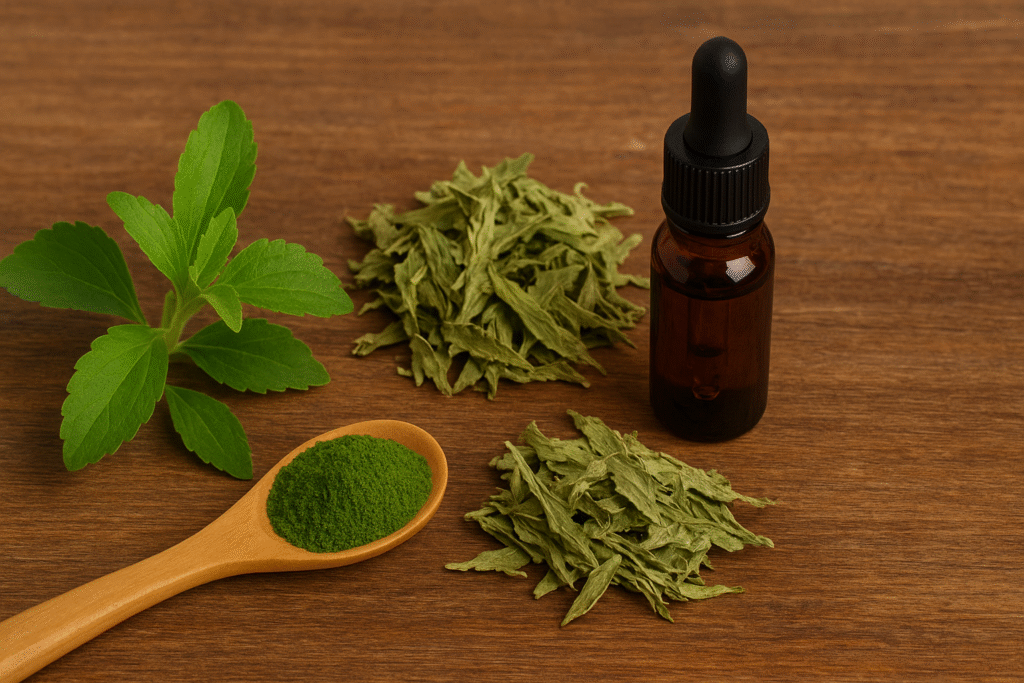 Sobre uma mesa de madeira umas folhas verdes e alguma folhas secas, uma colher de madeira com pó verde e um frasco de vidro com extrato, todos de stevia.