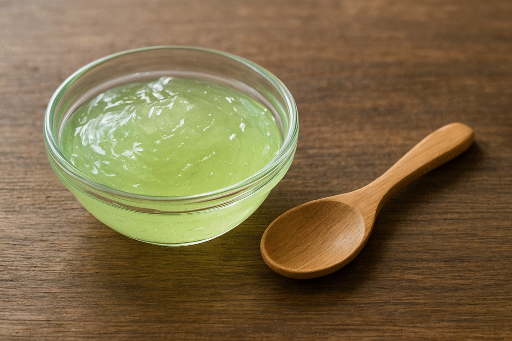 Sobre a mesa uma tigela de vidro cheia de gel de babosa com uma colher de madeira do lado.