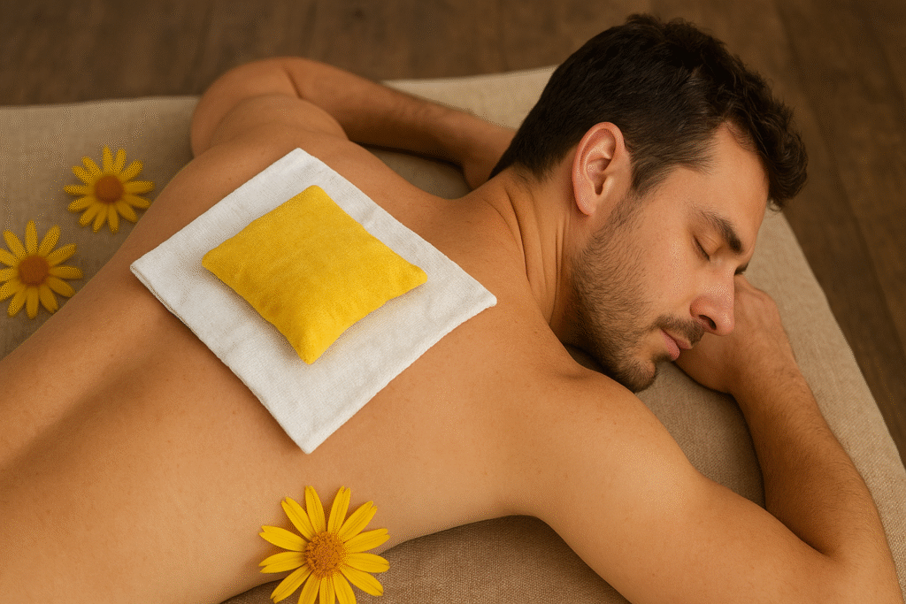 Um homem deitado e em suas costas um pano com compressa de arnica usado como relaxante muscular, ao lado só para representar tem algumas flores de arnica.