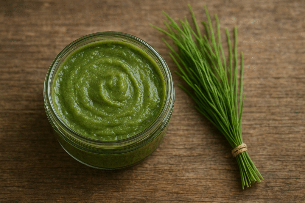 Sobre uma mesa rústica um pote de vidro com massa capilar de cavalinha com alguns ramos de cavalinha verdes do lado.