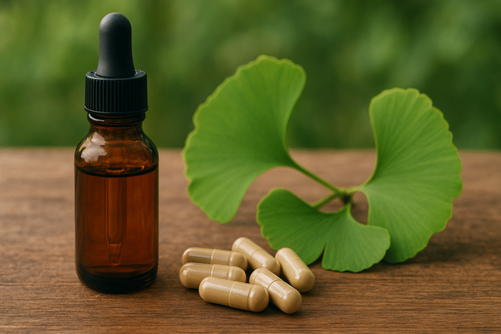 Sobre uma mesa de madeira um frasco de vidro com óleo essencial, algmas cápsulas e umas folhas de ginkgo biloba.