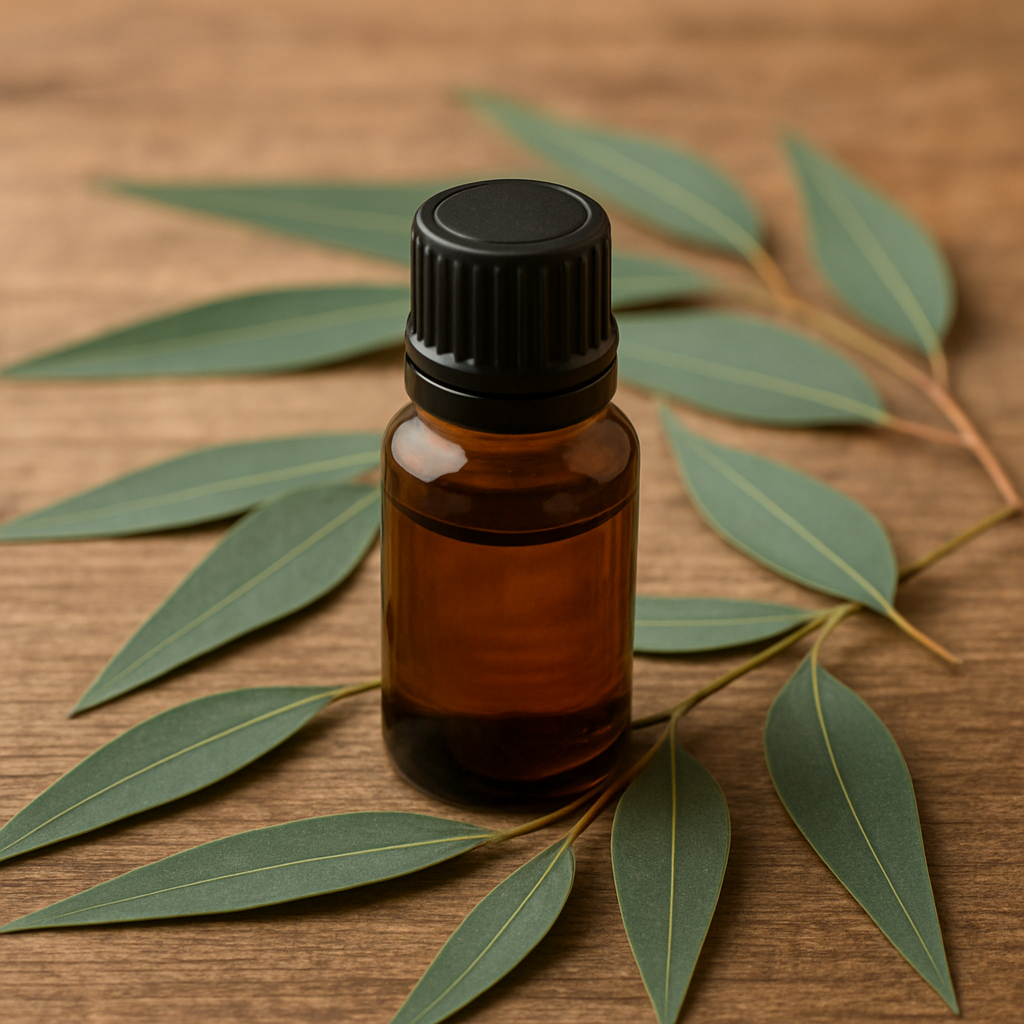 Um frasco pequeno com oleo essencial e várias folhas de eucalipto em volta.