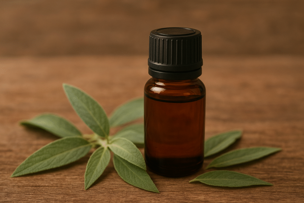 Sobre a mesa folhas de sálvia ao lado de um frasco com oleo essencial de sálvia. 