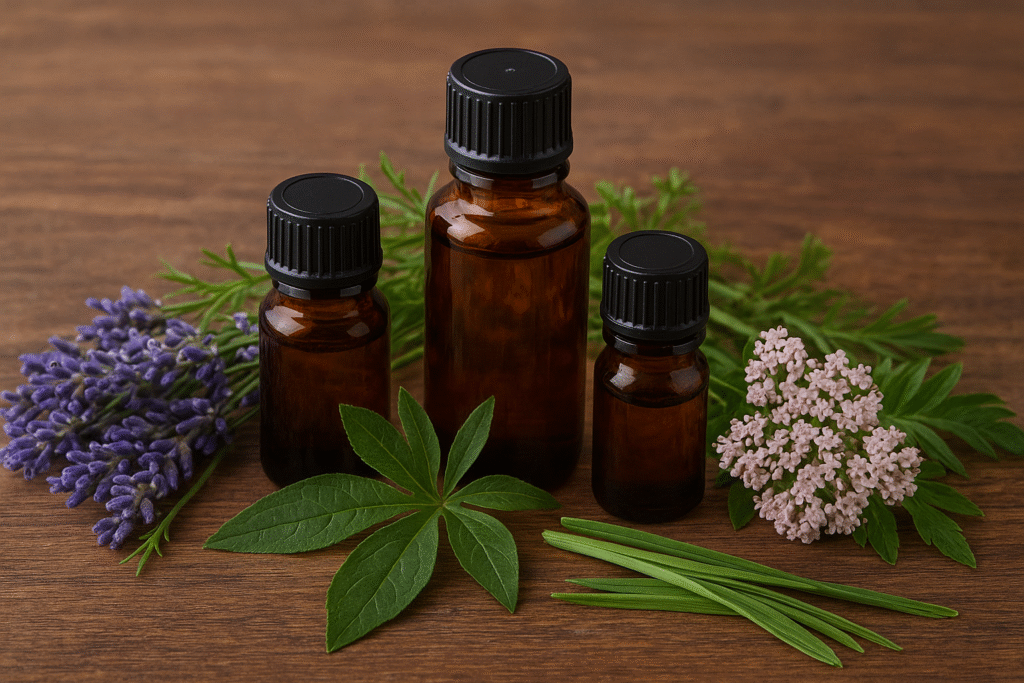 Sobre uma mesa 3 frascos de vidro com óleo essencial e em volta algumas flores de lavanda e valeriana e umas folhas de capim limão, que são os calmantes naturais.