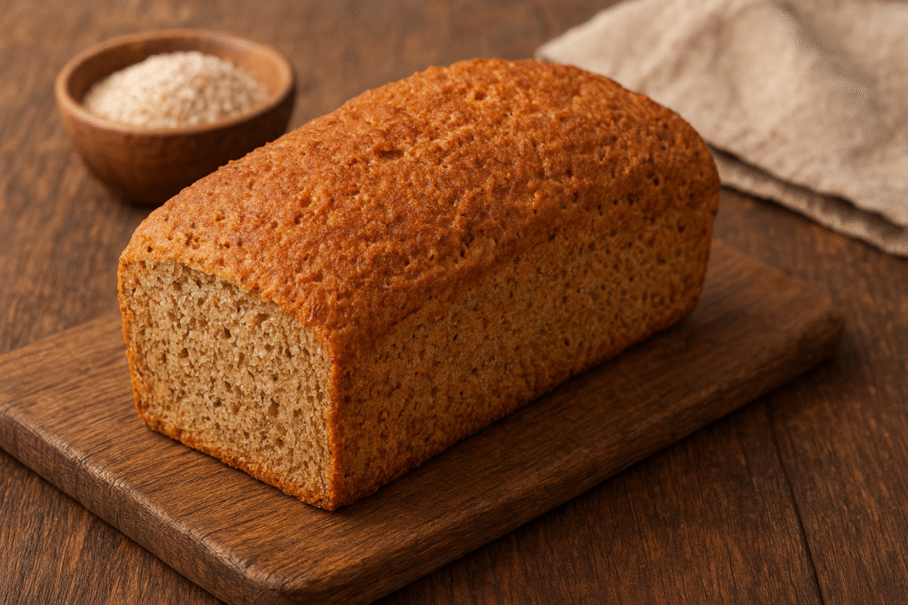 Sobre uma mesa de madeira uma tábua de cortar pão e em cima um pão caseiro a base de psyllium, ao fundo uma tigela de porcelana com fibra de psyllium.